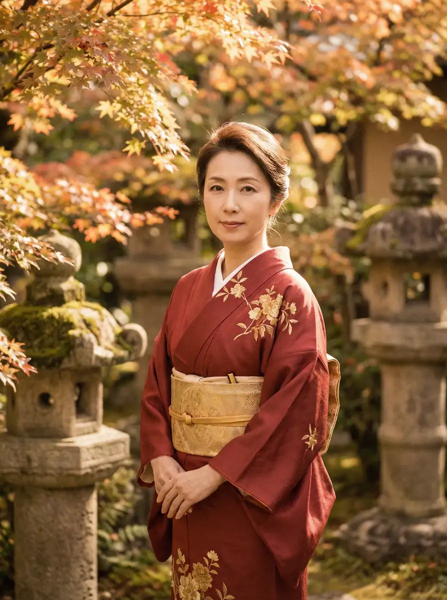 一位身穿暗红色和服的优雅 亲爱的老师韩国5中字免费 在日式庭院中